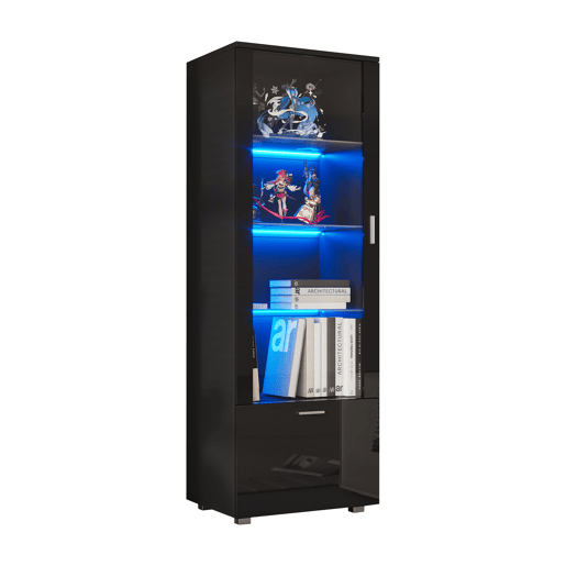 Vitrine preta de alto brilho - Vitrine com portas de vidro, iluminação LED, 3 prateleiras, para colecionáveis e perfumes - Preto Vitrine preta de alto brilho - Vitrine com portas de vidro, iluminação LED, 3 prateleiras, para colecionáveis e perfumes - Preto