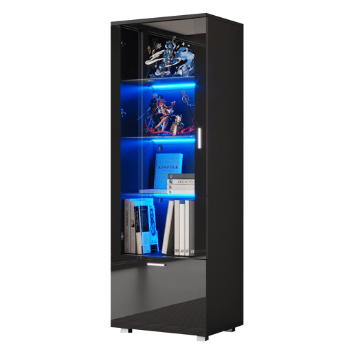Vitrine preta de alto brilho - Vitrine com portas de vidro, iluminação LED, 3 prateleiras, para colecionáveis e perfumes - Preto Vitrine preta de alto brilho - Vitrine com portas de vidro, iluminação LED, 3 prateleiras, para colecionáveis e perfumes - Preto