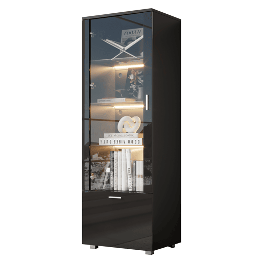 Vitrine preta de alto brilho - Vitrine com portas de vidro, iluminação LED, 3 prateleiras, para colecionáveis e perfumes - Preto Vitrine preta de alto brilho - Vitrine com portas de vidro, iluminação LED, 3 prateleiras, para colecionáveis e perfumes - Preto