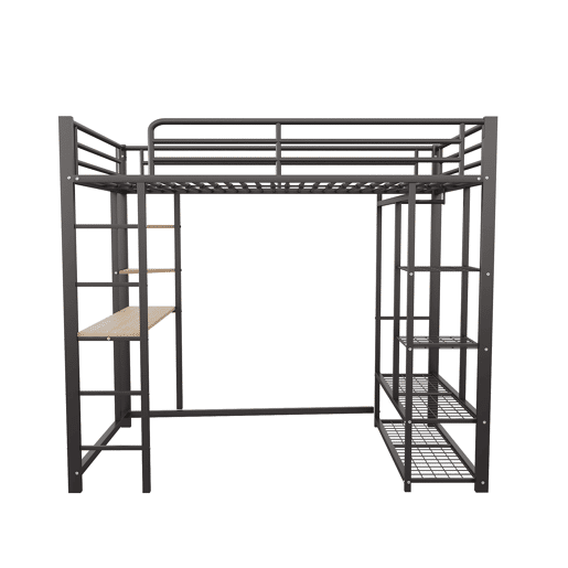 Cama alta 90*200 - Cama infantil com escada e mesa com suspensão simples e compartimentos de arrumação - Preto