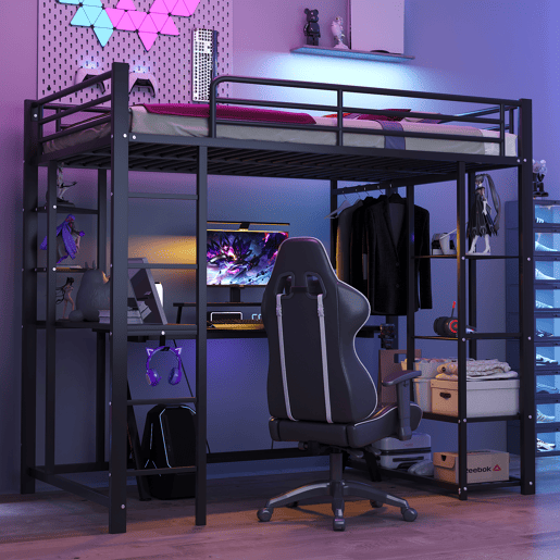 Cama alta 90*200 - Cama infantil com escada e mesa com suspensão simples e compartimentos de arrumação - Preto