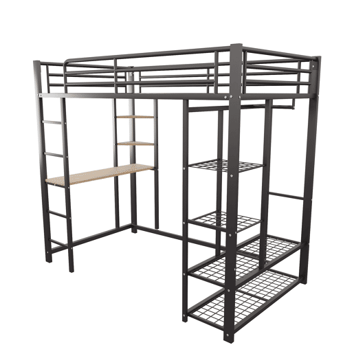 Cama alta 90*200 - Cama infantil com escada e mesa com suspensão simples e compartimentos de arrumação - Preto