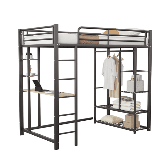 Cama alta 90*200 - Cama infantil com escada e mesa com suspensão simples e compartimentos de arrumação - Preto