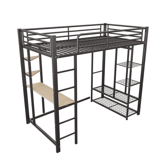 Cama alta 90*200 - Cama infantil com escada e mesa com suspensão simples e compartimentos de arrumação - Preto