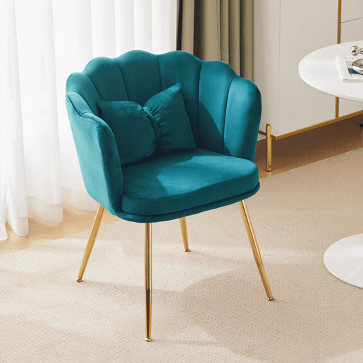 Poltrona moderna de veludo - confortável, acolchoada, com encosto em forma de pétalas e pernas metálicas douradas - Verde