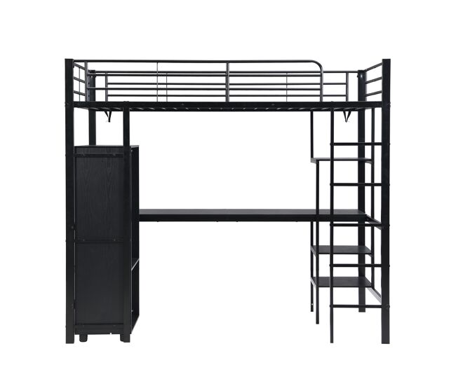 Cama litera 90x200cm - con mesa y armario, con escalera de 5 peldaños, estructura de hierro, color negro