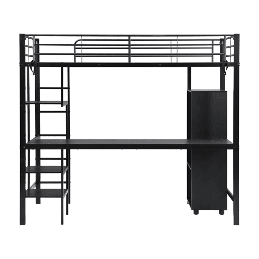 Beliche 90x200cm - Com mesa e armário, com escada de 5 degraus, estrutura de ferro, cor preta