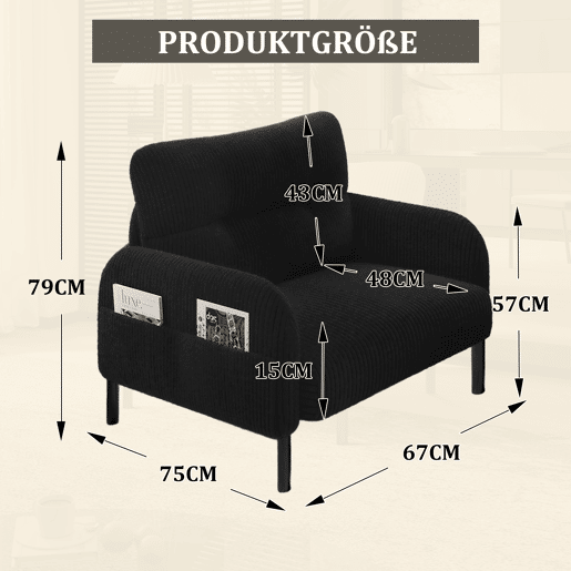 Poltrona de 1 lugar - Profundidade de assento confortável, braços com bolsos laterais, estrutura sólida - Preto