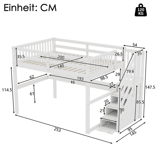 Cama alta 140x200 - Cama infantil com gavetas de arrumação e secretária por baixo - Branca
