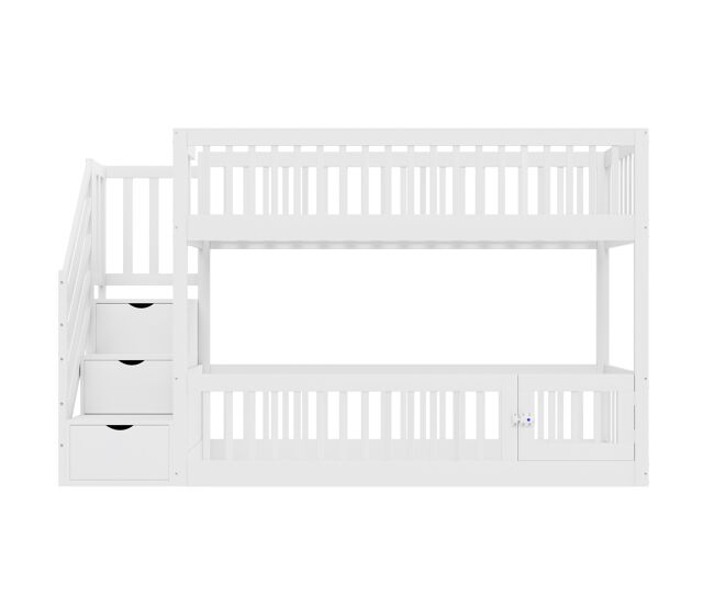 Cama litera 90x200 - con escalera de seguridad y cajones, cama individual con almacenamiento - blanco