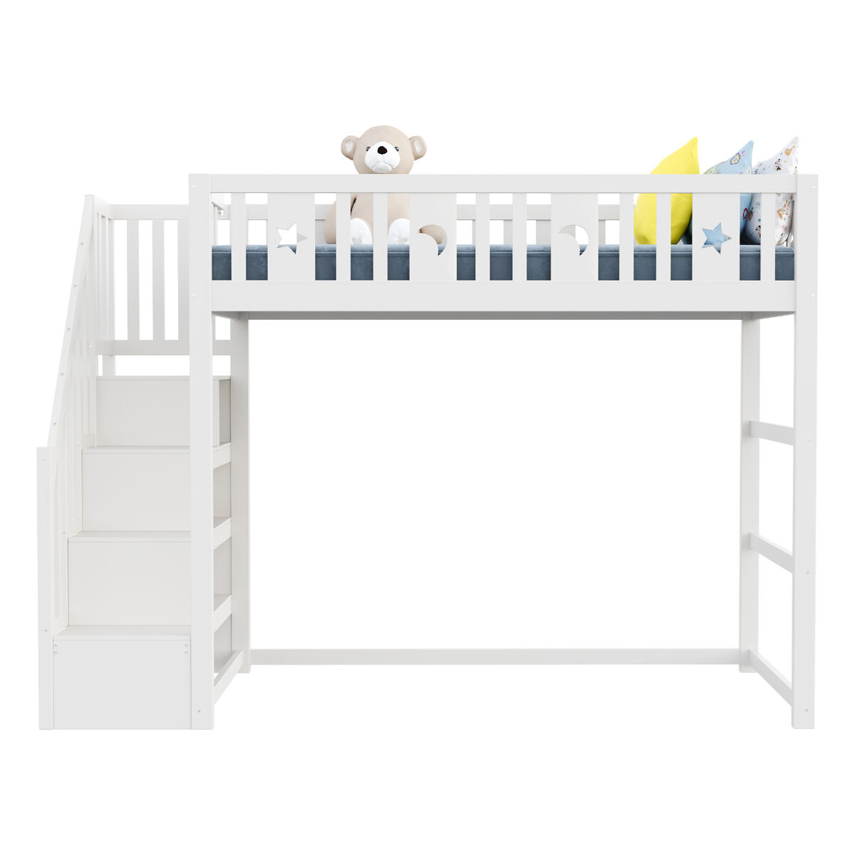 Cama alta infantil 90x200 - con escalera, estructura de madera maciza, con barandilla de seguridad, decoración de estrellas y luna - blanco