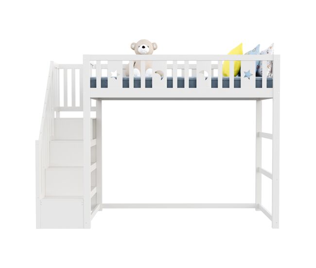 Cama alta infantil 90x200 - con escalera, estructura de madera maciza, con barandilla de seguridad, decoración de estrellas y luna - blanco