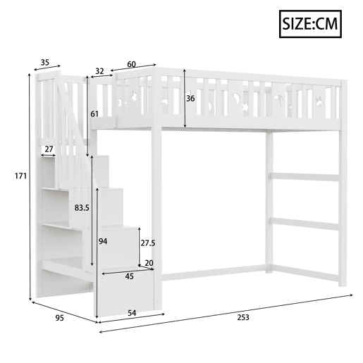 Cama alta infantil 90x200 - com escada, estrutura em madeira maciça, com corrimão de segurança, decoração com estrelas e lua - Branco