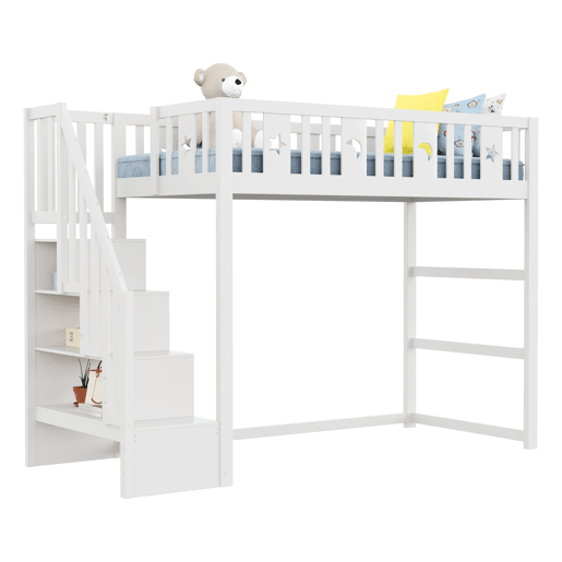 Cama alta infantil 90x200 - com escada, estrutura em madeira maciça, com corrimão de segurança, decoração com estrelas e lua - Branco