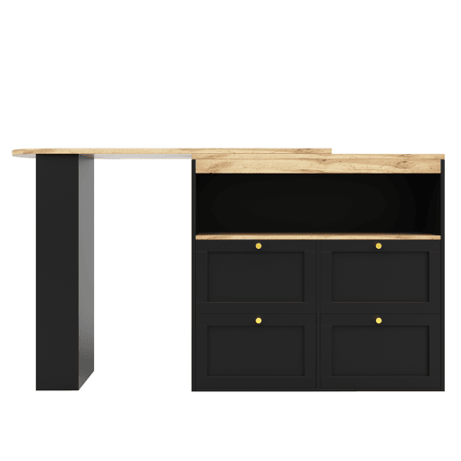 Mesa de bar giratória 360° - 105x39x102 cm - com 4 gavetas e prateleiras abertas - Preto