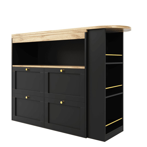 Mesa de bar giratória 360° - 105x39x102 cm - com 4 gavetas e prateleiras abertas - Preto