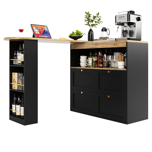 Mesa de bar giratória 360° - 105x39x102 cm - com 4 gavetas e prateleiras abertas - Preto