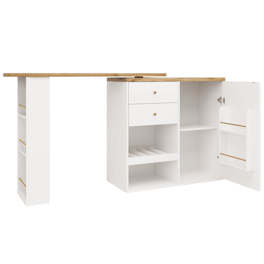 Mesa de bar giratória 105x39x102 cm - com 2 gavetas e armário com porta deslizante, 3 níveis de armazenamento aberto - branca