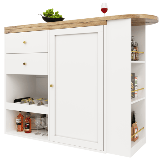Mesa de bar giratória 105x39x102 cm - com 2 gavetas e armário com porta deslizante, 3 níveis de armazenamento aberto - branca