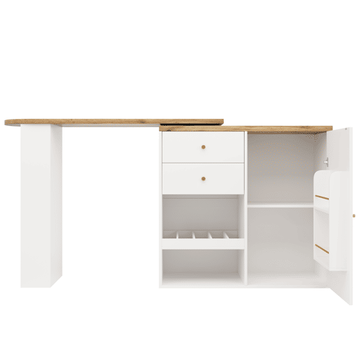 Mesa de bar giratória 105x39x102 cm - com 2 gavetas e armário com porta deslizante, 3 níveis de armazenamento aberto - branca