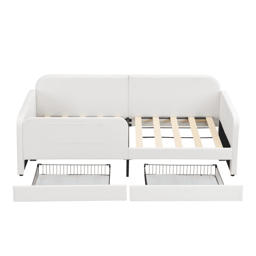 Cama multifuncional 90x200cm - Sofá-cama com 3 bolsos, 2 gavetas, estrutura metálica - Branco