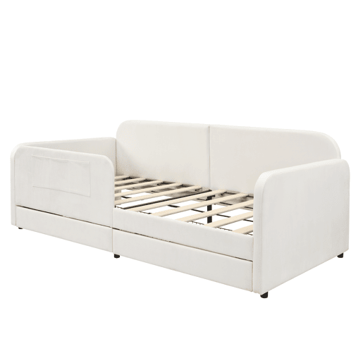 Cama multifuncional 90x200cm - Sofá-cama com 3 bolsos, 2 gavetas, estrutura metálica - Branco
