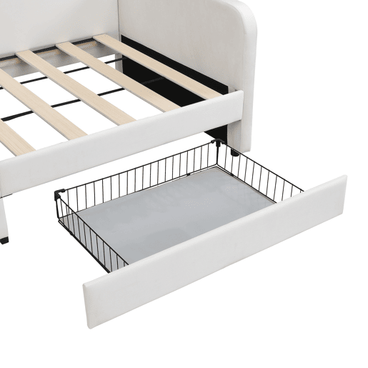 Cama multifuncional 90x200cm - Sofá-cama com 3 bolsos, 2 gavetas, estrutura metálica - Branco