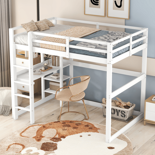 Cama alta infantil 140x200 cm - estrutura em pinho com arrumação, 4 prateleiras e secretária - branco