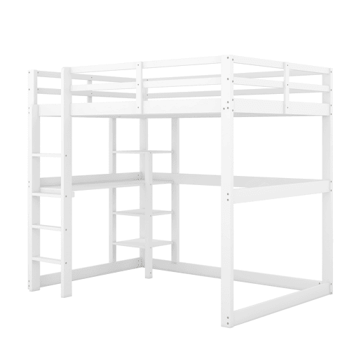 Cama alta infantil 140x200 cm - estrutura em pinho com arrumação, 4 prateleiras e secretária - branco