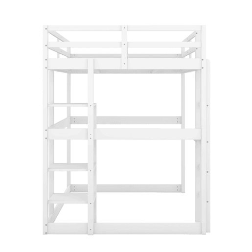 Cama alta infantil 140x200 cm - estrutura em pinho com arrumação, 4 prateleiras e secretária - branco