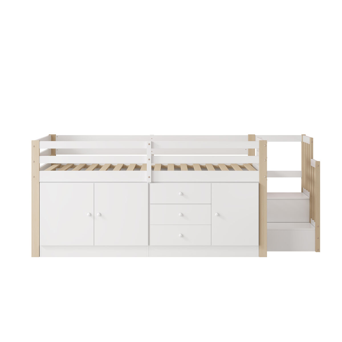 cama alta infantil 90x200cm - con escalera cajones 2 armarios y barra de ropa - blanco