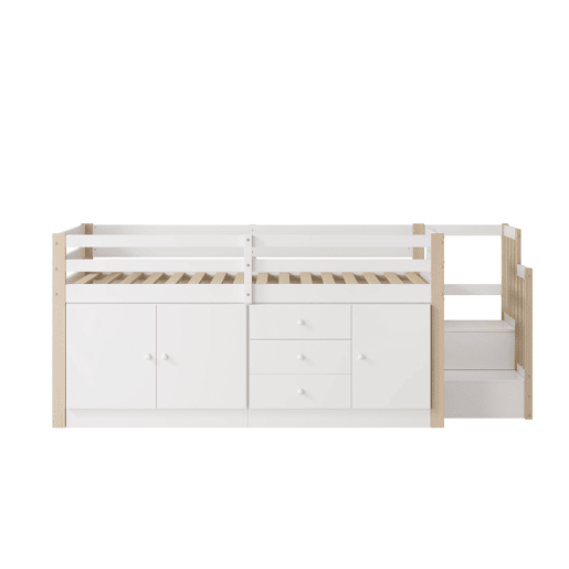 Cama alta infantil 90x200cm - com escada, gavetas, 2 armários e barra para roupa - Branco Cama alta infantil 90x200cm - com escada, gavetas, 2 armários e barra para roupa - Branco