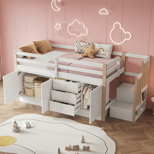 Cama alta infantil 90x200cm - com escada, gavetas, 2 armários e barra para roupa - Branco Cama alta infantil 90x200cm - com escada, gavetas, 2 armários e barra para roupa - Branco