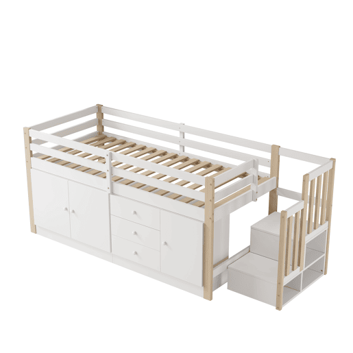 Cama alta infantil 90x200cm - com escada, gavetas, 2 armários e barra para roupa - Branco Cama alta infantil 90x200cm - com escada, gavetas, 2 armários e barra para roupa - Branco