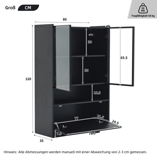 Vitrine LED moderna 120 cm - Com iluminação LED de 16 cores, vitrine de vidro com portas de vidro e porta basculante - Preto