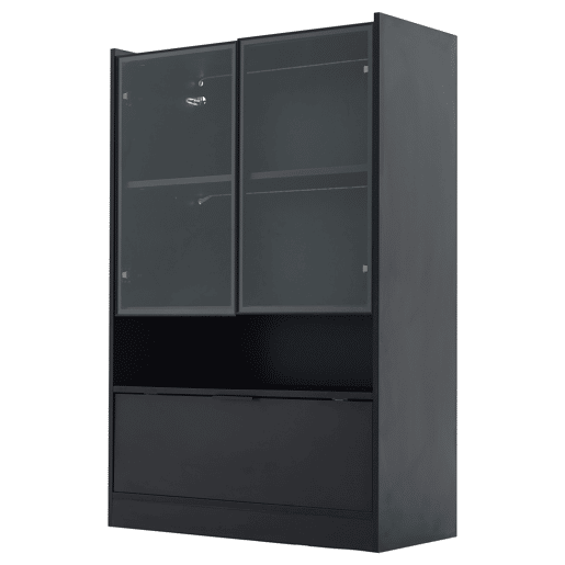 Vitrine LED moderna 120 cm - Com iluminação LED de 16 cores, vitrine de vidro com portas de vidro e porta basculante - Preto