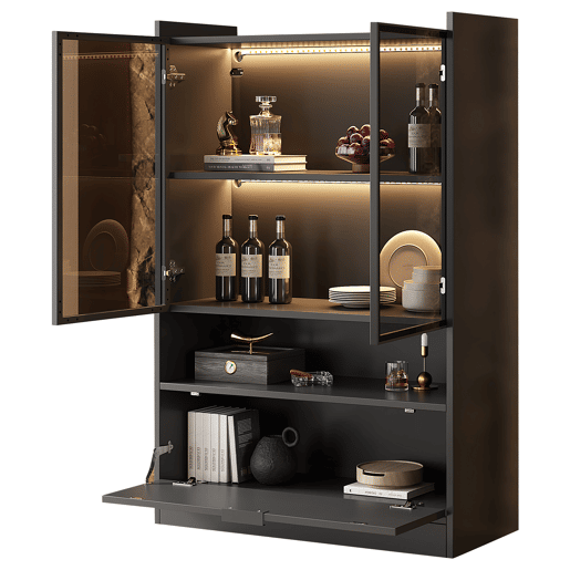 Vitrine LED moderna 120 cm - Com iluminação LED de 16 cores, vitrine de vidro com portas de vidro e porta basculante - Preto