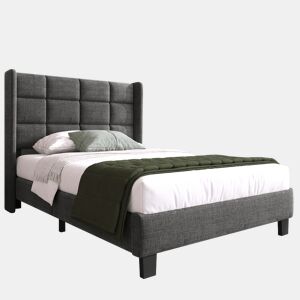Cama individual 90x200cm - Cabeceira acolchoada, com estrado de ripas, firmeza média - Cinza linho