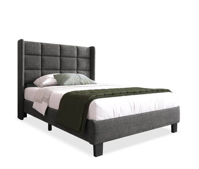 Cama individual 90x200cm - cabecero acolchado, con somier de lamas, media firmeza - gris lino