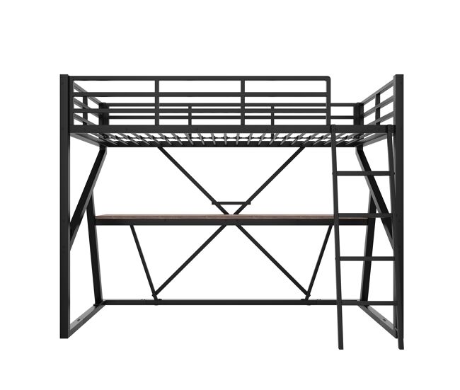 Cama alta 90x200cm - estructura de metal, con led, escritorio, escalera, barandilla, sin colchón - negro