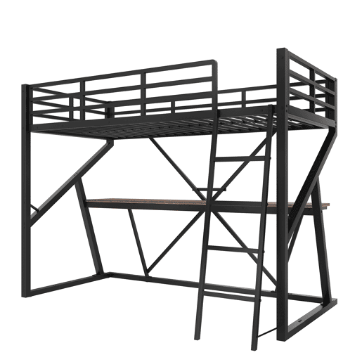 Cama alta 90x200cm - Estrutura em metal, com LED, secretária, escada, corrimão, sem colchão - Preto