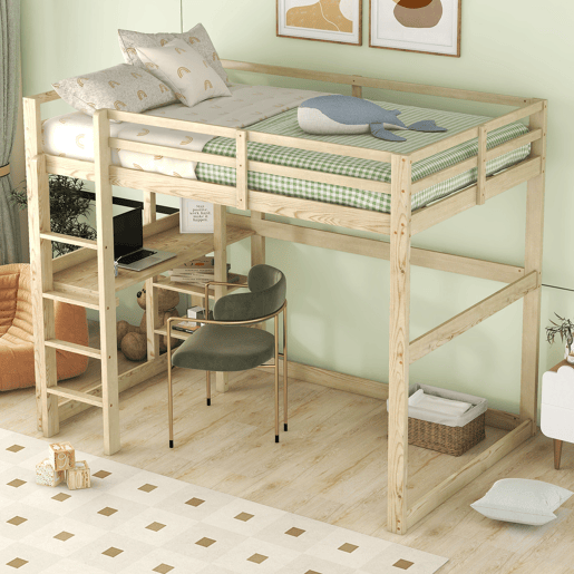 Cama alta infantil 140x200 cm - Estrutura com arrumação, 4 prateleiras e secretária - Natural