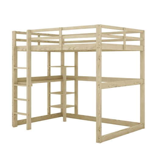 Cama alta infantil 140x200 cm - Estrutura com arrumação, 4 prateleiras e secretária - Natural