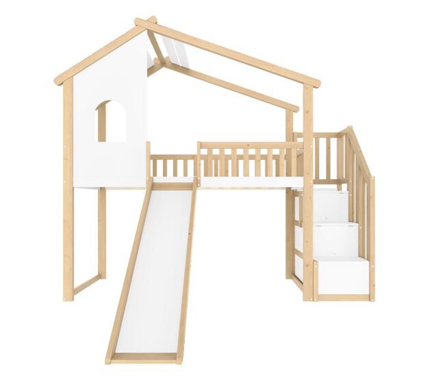 Cama alta 90x200cm - barandilla de cama, escalera con almacenamiento, ventana, tobogán, listón de casa - natural+blanco
