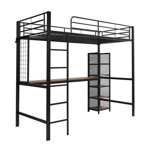 Cama alta 90x200 - Cama de ferro com secretária e estante múltipla, grade e escada robusta - Preto + Madeira escura