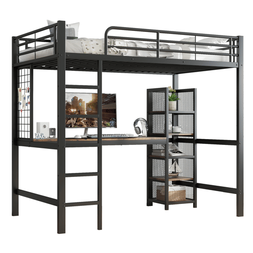 Cama alta 90x200 - Cama de ferro com secretária e estante múltipla, grade e escada robusta - Preto + Madeira escura