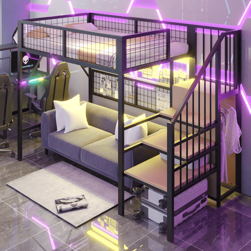 Cama alta metálica 90*200 - Com luzes LED controladas por APP, escada com arrumação, armário aberto - Preto
