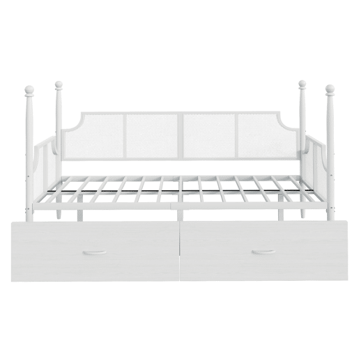 Sofá-cama 90x200 - Encosto em malha, braços estilo vintage, estrutura metálica com compartimentos - Branco