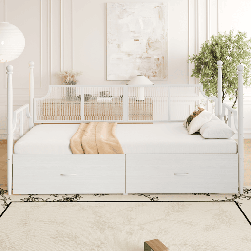 Sofá-cama 90x200 - Encosto em malha, braços estilo vintage, estrutura metálica com compartimentos - Branco