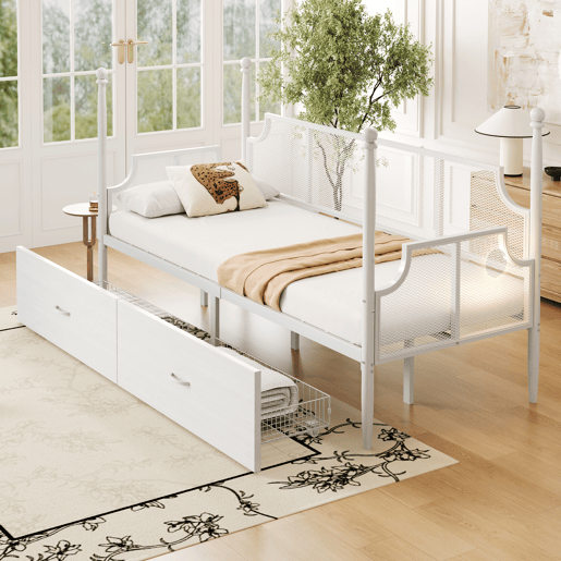 Sofá-cama 90x200 - Encosto em malha, braços estilo vintage, estrutura metálica com compartimentos - Branco
